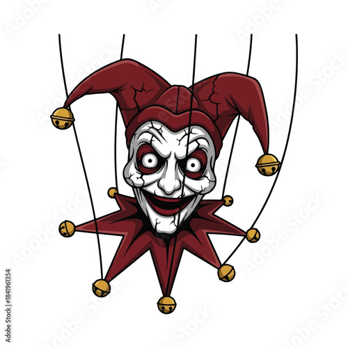 Creepy Evil Jester Puppet with Bells and Strings