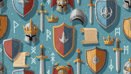 Medieval fantasy battle equipment pattern with swords, shields, helmets, crowns, and runes on blue background