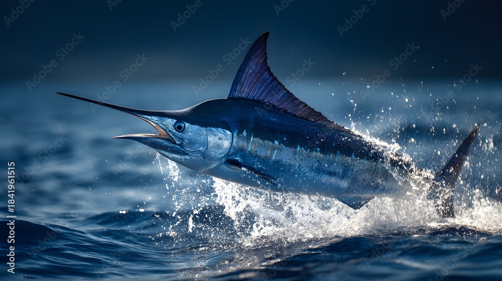 Fototapeta premium Powerful billfish breaches surface creating dramatic water spray in deep blue ocean
