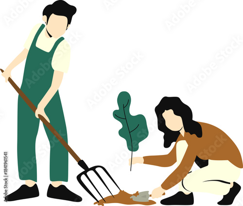Couple gardening together, a man tilling soil with a pitchfork and a woman planting a seedling with a trowel