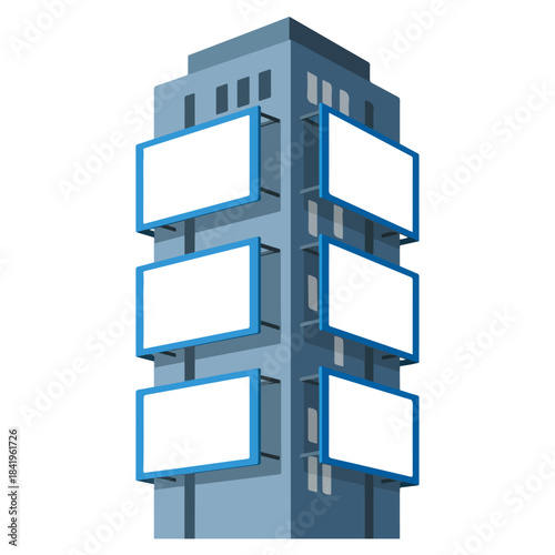 Modern Building with Blank Advertising Billboards, Blue Frames