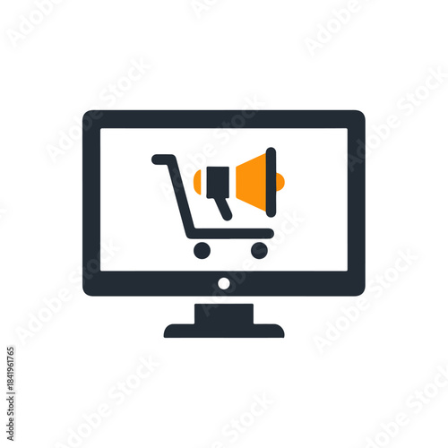 Online Shopping Cart with Megaphone on Monitor Icon
