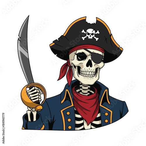 Pirate Skeleton Holding Saber, Skull and Crossbones, Cartoon Illustration