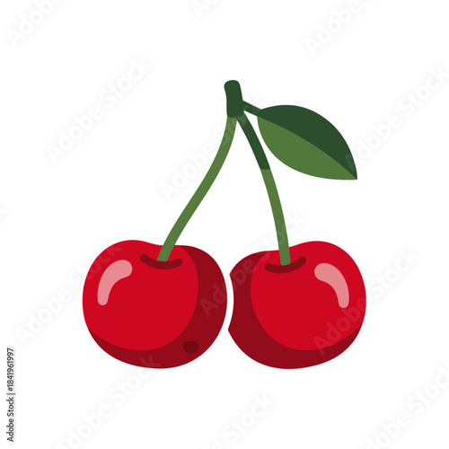 Vibrant Red Cherries with Green Stem and Leaf on White