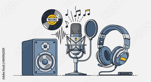 Illustration of recording studio equipment microphone, headphones, speaker, and vinyl record for music production and podcasting