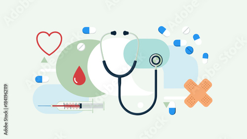Medical and healthcare icons collection stethoscope, blood drop, syringe, pills, and bandage abstract design