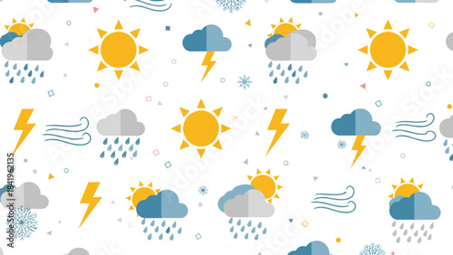Seamless pattern of weather icons sun, rain cloud, lightning, wind, snow, sun behind cloud, flat design