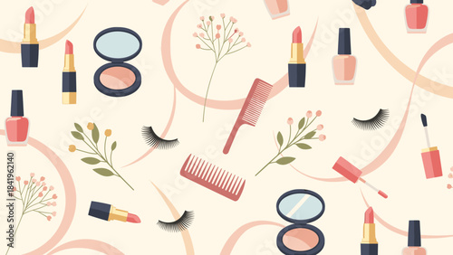 Seamless pattern with cosmetics and beauty accessories lipstick, nail polish, compact powder, comb, and delicate flowers on a light background