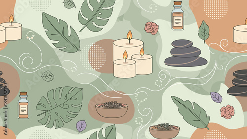 Seamless pattern with spa elements candles, essential oil bottles, stacked stones, tropical leaves, and herbs for wellness and relaxation theme