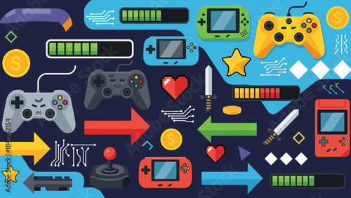 Collection of gaming icons and accessories controllers, handheld consoles, health bars, and arrows on a dark blue background