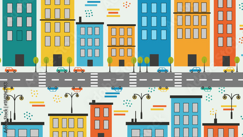 Colorful seamless pattern of city buildings, street, cars, and trees in a flat design style