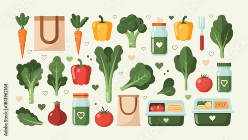 Assortment of fresh vegetables and healthy meal prep containers for organic diet and nutrition