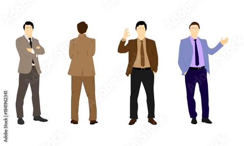 Colored vectors of a man in various standing positions, vector illustration of a businessman, illustration of model for architect 
