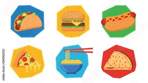 Set of six colorful icons representing popular fast food items taco, burger, hot dog, pizza slice, noodles, and quesadilla