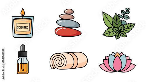 Set of spa and wellness icons scented candle, zen stones, mint leaves, essential oil, towel, and lotus flower