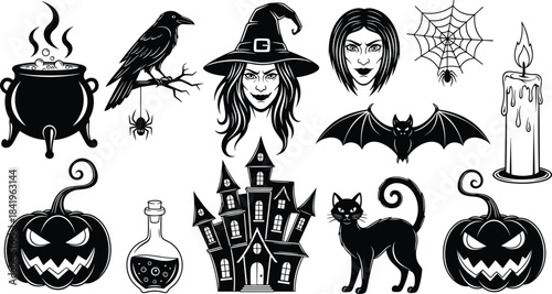 Spooky Halloween Black and White Silhouette Vector Collection: Witch, Cauldron, Haunted House, Jack-o'-Lanterns, Bat, Black Cat, and Spider Web for Scary Holiday Design