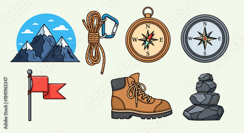 Collection of hiking and mountaineering gear icons mountain, rope, compass, flag, boot, and cairn stones