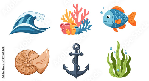 Set of cute cartoon ocean and sea life icons wave, coral, fish, shell, anchor, and seaweed