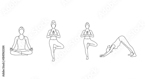 Set of four basic yoga poses line art drawing for meditation and fitness practice
