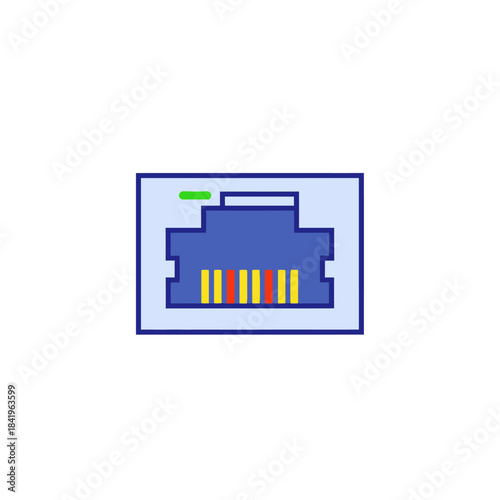 Stylized blue Ethernet network port icon with colorful internal pins and a green indicator light.