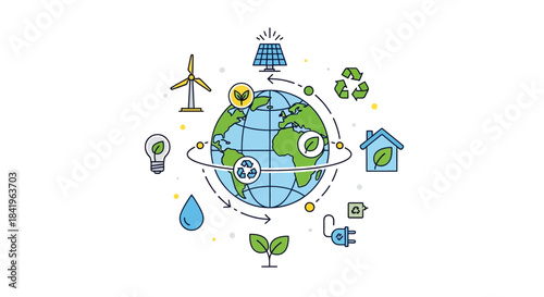 Stylized Earth globe with renewable energy and eco-friendly icons, illustrating environmental sustainability concepts.