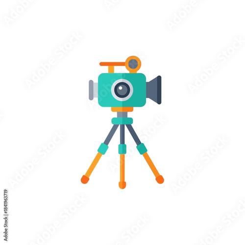 Stylized flat design icon of a teal video camera with an orange viewfinder, mounted on a colorful tripod.