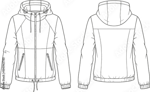 Technical Flat Drawing Vector of a Women's Hooded Jacket or Windbreaker: Front and Back Views for Outdoor Apparel Templates, Fashion Design, and Garment Manufacturing.