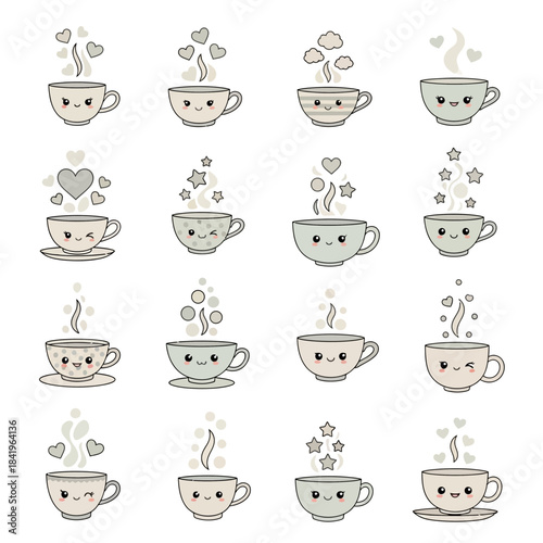 Collection of cute and expressive coffee cups with various facial expressions and steam designs