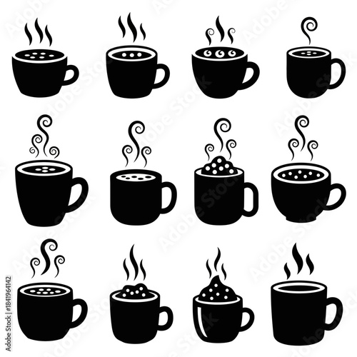 Collection of Eleven Black and White Coffee Cup Icons with Steam Rising from Each Cup