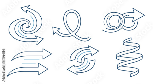 Set of six handdrawn style swirling and looping arrow icons, sketch design elements for direction and flow