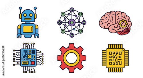 Set of icons representing artificial intelligence, machine learning, robotics, and technology concepts