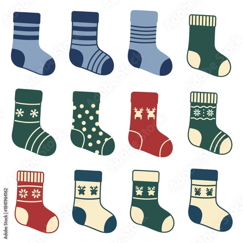 Collection of festive Christmas socks in various colors and patterns suitable for holiday