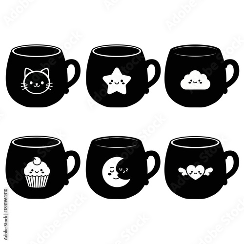 Cute and Playful Black Mug Collection Featuring Cat, Star, Cloud, Cupcake, Moon, and Alien Designs