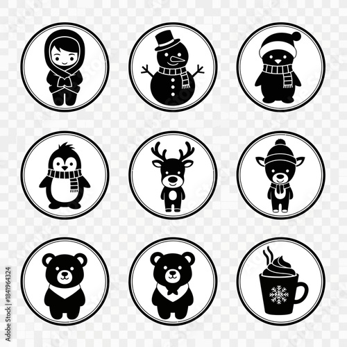 Cute and Whimsical Winter Character Icons Set for Holiday or Seasonal Themes