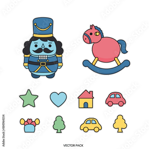 Cute cartoon toy soldier rocking horse and playful icons collection for children's design