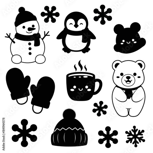 Cute Winter Themed Silhouette Collection Featuring Snowman Penguin Bear and Mittens