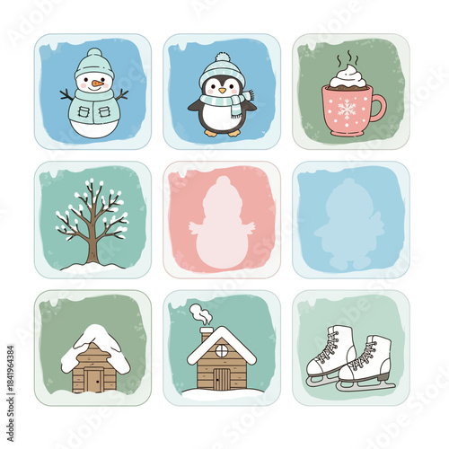 Cute winter-themed illustrations including a snowman penguin hot chocolate tree house and ice skates