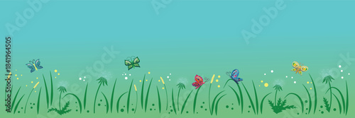 Elongated frame with flowers, grass and flying butterflies, summer time