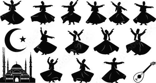 Turkish whirling dervishes black silhouette vector illustration set, traditional Sufi Mevlevi Sema ritual dance, iconic Islamic Crescent star symbol, Mosque architecture, Saz lute musical instrument.