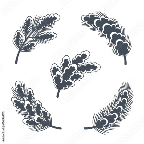 Stylized black and white illustrations of various feathers and quills arranged in a circular