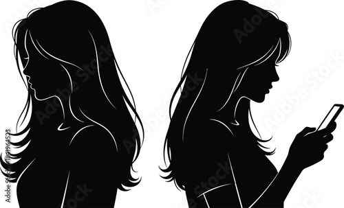 Two Beautiful Women Silhouettes with Long Hair, One Looking Forward and One Texting on a Smartphone, Representing Social Media Use, Communication, and Technology, Vector Illustration.