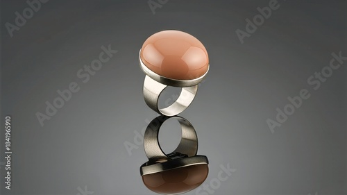 Reflective View of Modern Silver Ring with Brown Gem