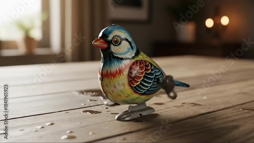 Animated Retro Bird Toy Strutting Across a Wooden Surface in a Cozy Interior for a Nostalgic and Playful Vibe, Perfect for Vintage, Childhood Memories, and Whimsical Themes