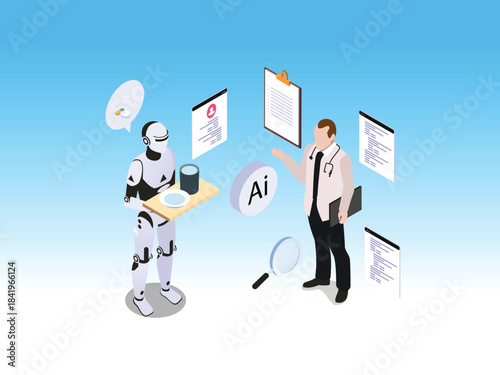 Artificial Intelligence Healthcare Assistant and Medical Data Processing 3d vector illustration