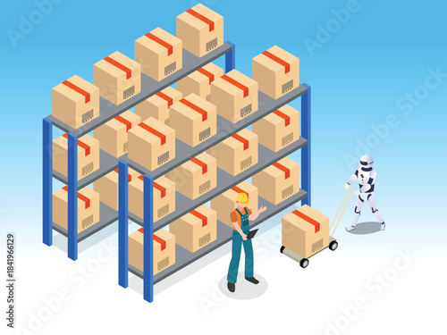 Automated Warehouse Logistics, Inventory Management, and Robotic Worker 3d vector illustration