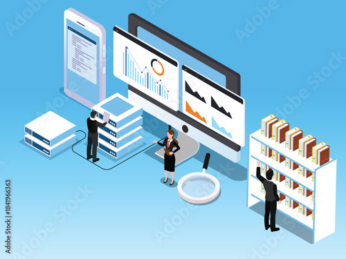Digital Data Archiving, Business Analysis, and IT Management 3d vector illustration