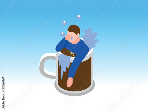 Coffee Burnout, Workplace Exhaustion, and Caffeine Addiction Concept 3d vector illustration