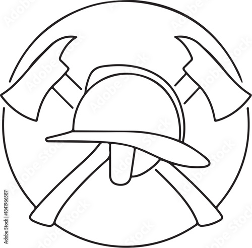 Fire Department Symbol With Axe and Helmet 3D Line-Art Illustration.eps