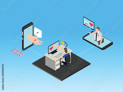 Telemedicine Consultation, Online Pharmacy, and Digital Prescription Service 3d vector illustration