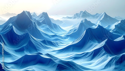 Surreal icy mountain landscape with blue frozen waves and misty horizon